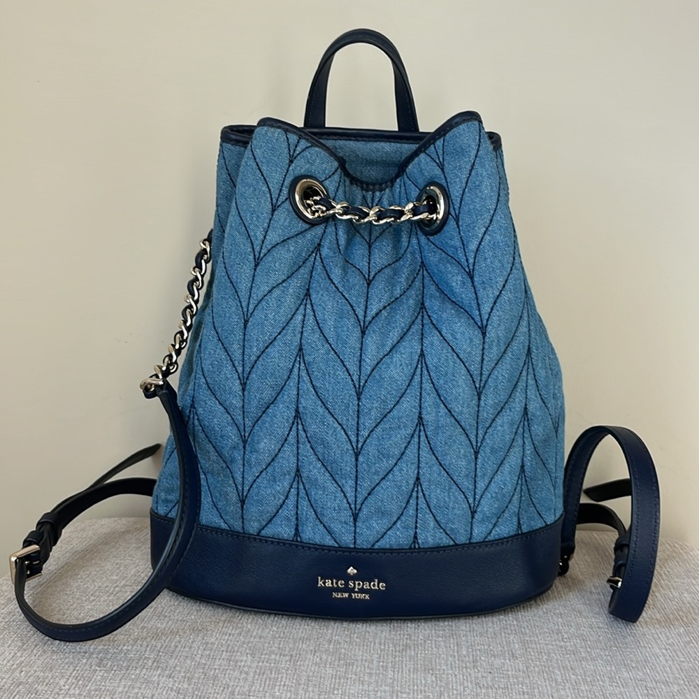 Kate Spade “Briar Lane” quilted denim bucket backpack - EUC - Picture 1 of 11